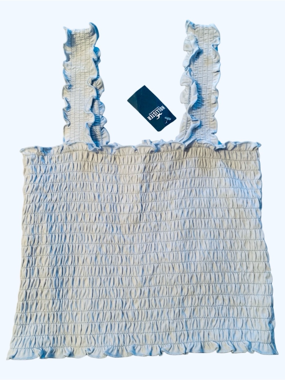 Hollister Baby Blue Smocked Ruffle Crop Tank Top, size Medium NWT